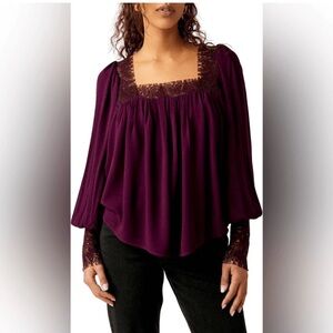 Free People Flutter By Lace Blouse Medium In Potent Purple Boho, Cottagecore